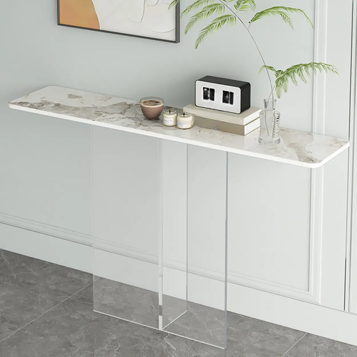 Clear Base Rectangular Marble Top Hallway Console Table Image - 2
