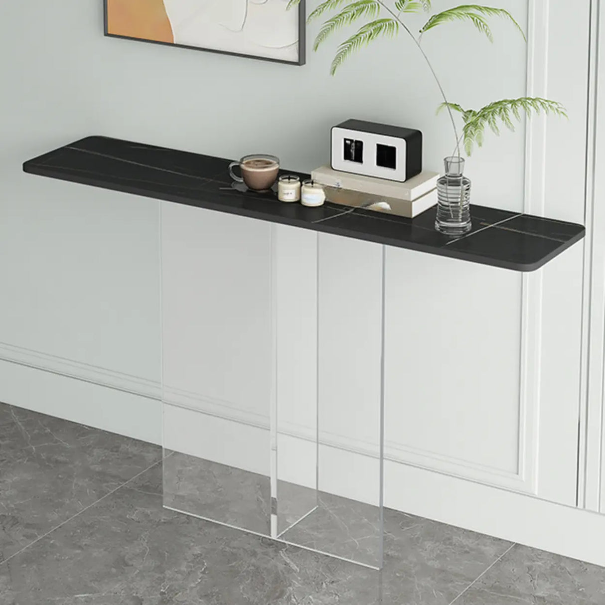 Clear Base Rectangular Marble Top Hallway Console Table Image - 3