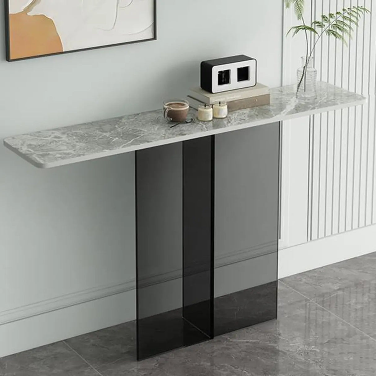 Clear Base Rectangular Marble Top Hallway Console Table Image - 4