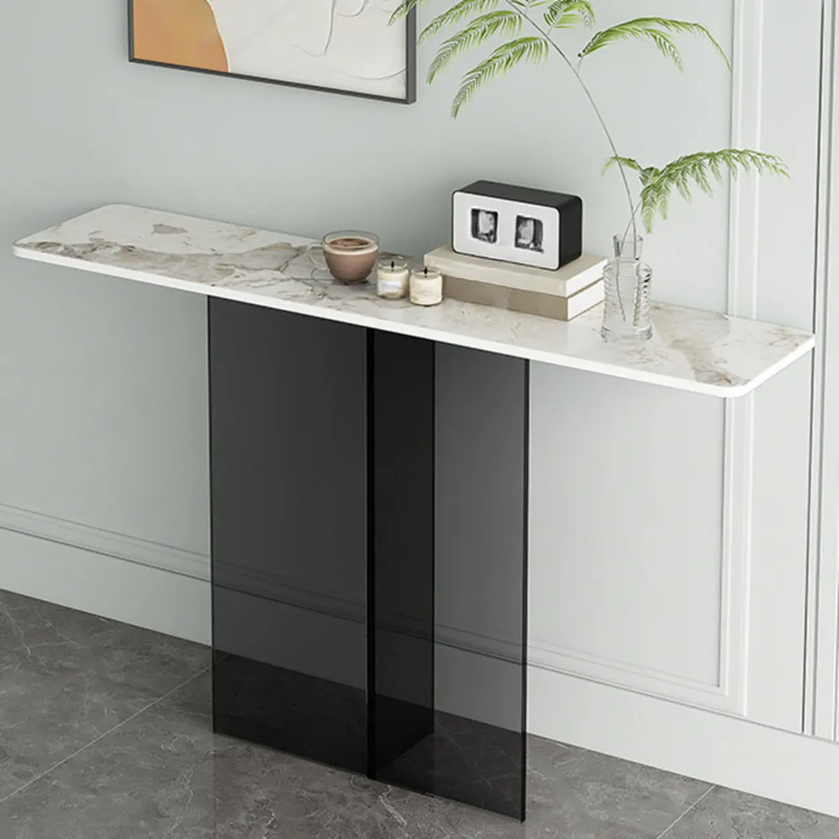 Clear Base Rectangular Marble Top Hallway Console Table Image - 5