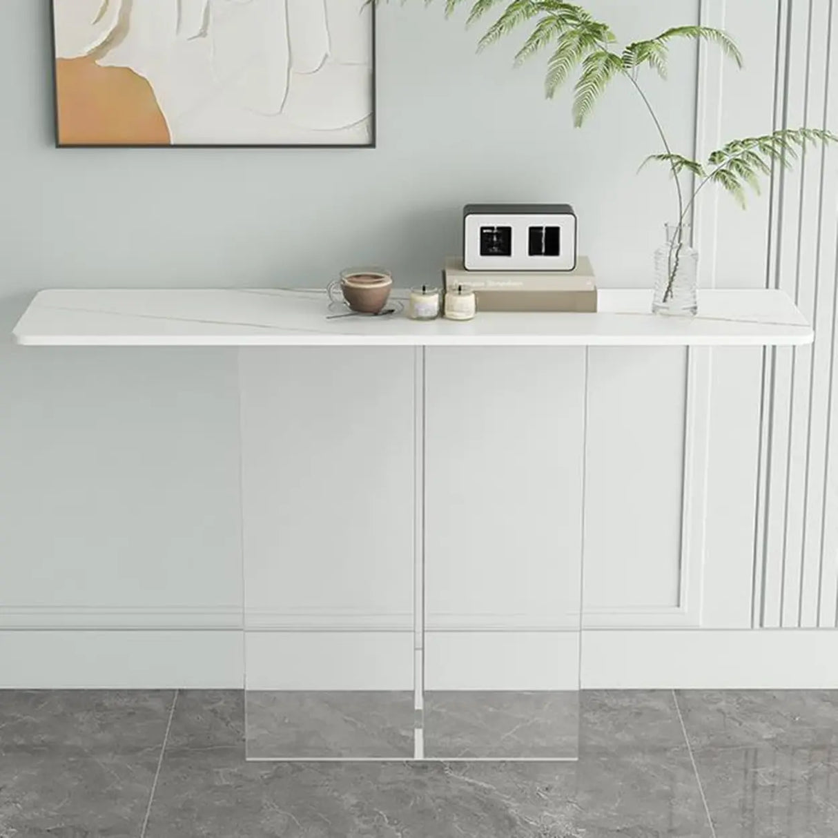 Clear Base Rectangular Marble Top Hallway Console Table Image - 6