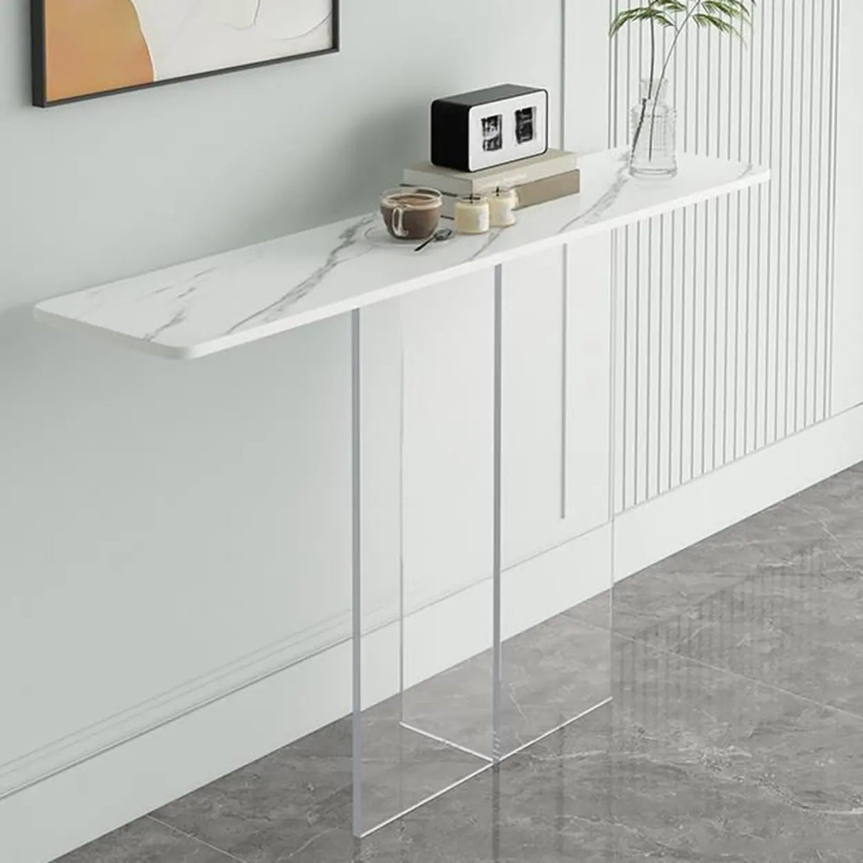 Clear Base Rectangular Marble Top Hallway Console Table Image - 8