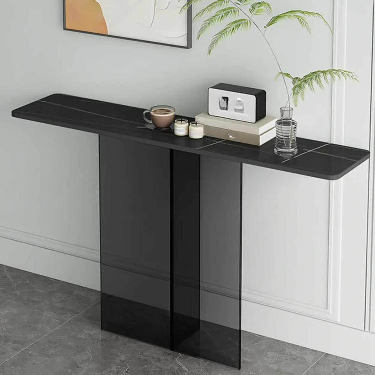 Clear Base Rectangular Marble Top Hallway Console Table Image - 9