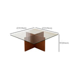 Clear Glass Square Brown Wood Base Coffee Table Image - 7