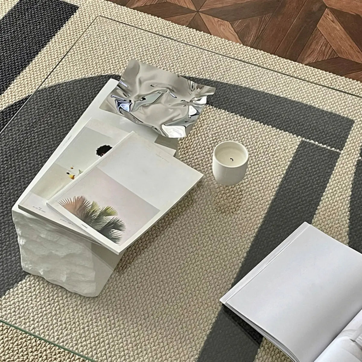 Clear Glass White Double Pedestal Base Coffee Table Image - 5