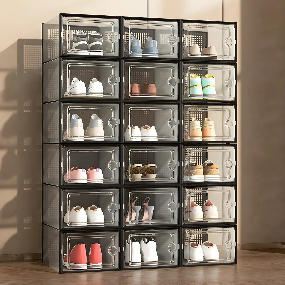 Clear Plastic Stackable Entryway Black Shoe Storage Box Image - 1