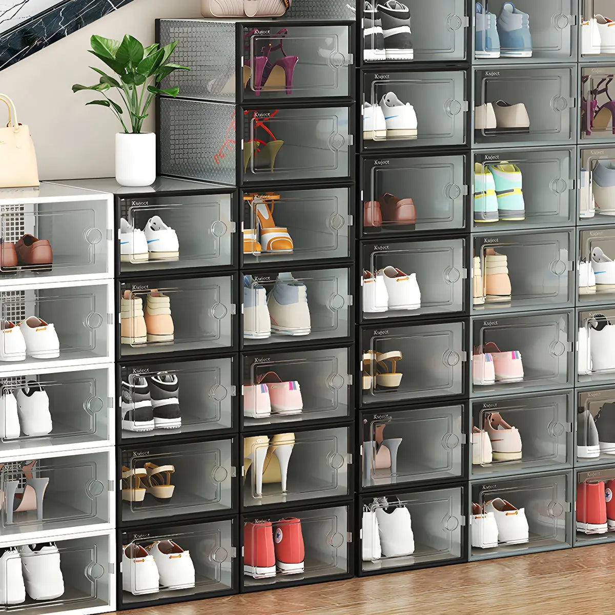 Clear Plastic Stackable Entryway Black Shoe Storage Box Image - 4