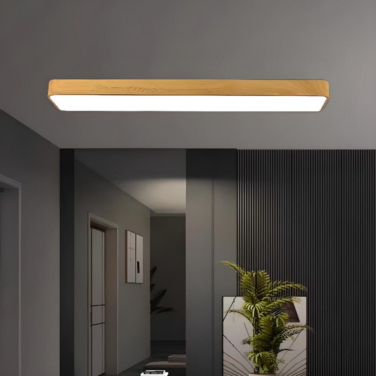 Cloakroom Wood Rectangular LED Flush Mount Ceiling Lamp Image - 2