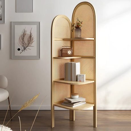 Closed Back 4 Shelves Curved Rattan Corner Bookcase Image - 13