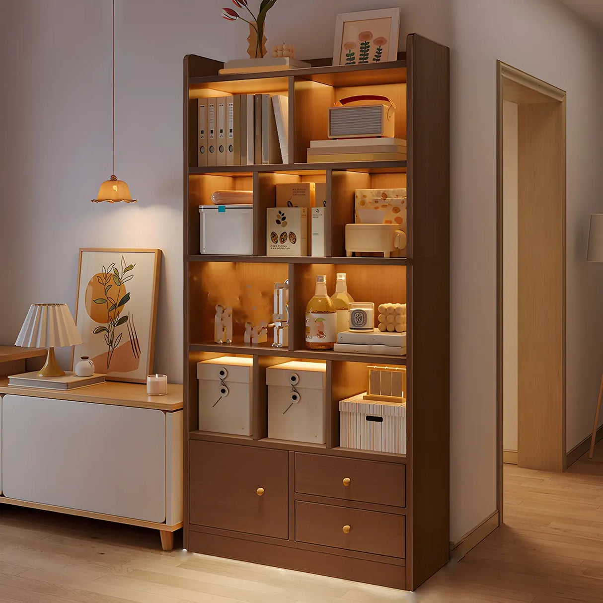 Closed Back Vertical Rustic Wooden Storage Bookcase Image - 21