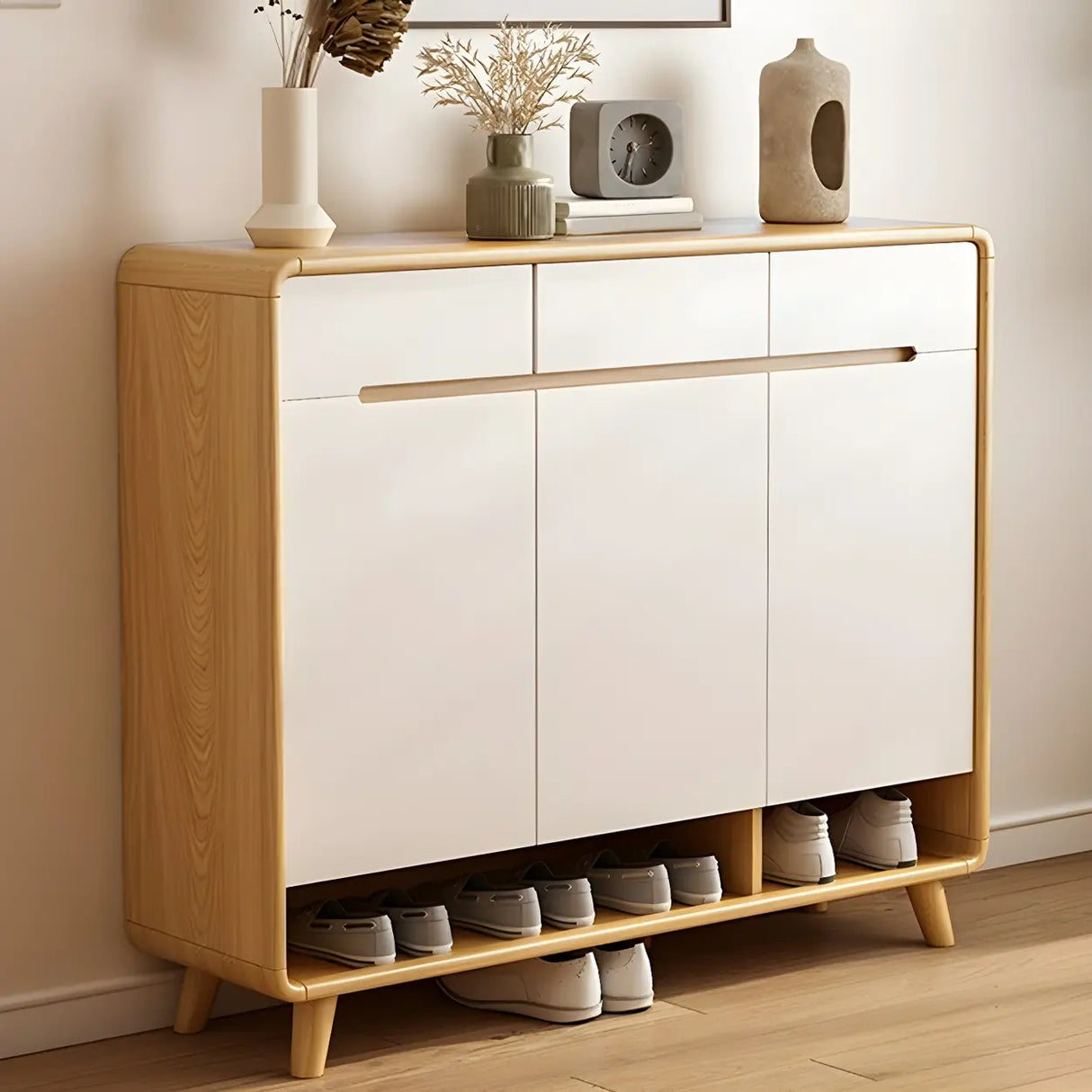 Closed Back Wood Hallway Oak Shoe Storage with Drawers Image - 11