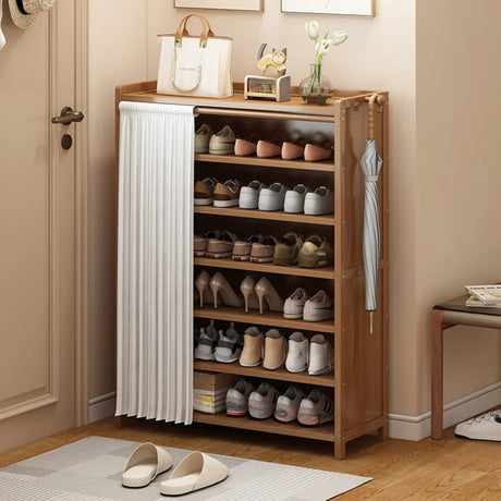 Closed Back Wooden Entryway Brown Storage Shoe Rack Image - 1