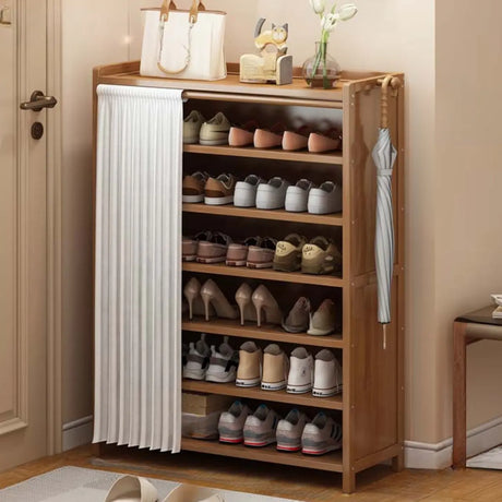 Closed Back Wooden Entryway Brown Storage Shoe Rack Image - 2