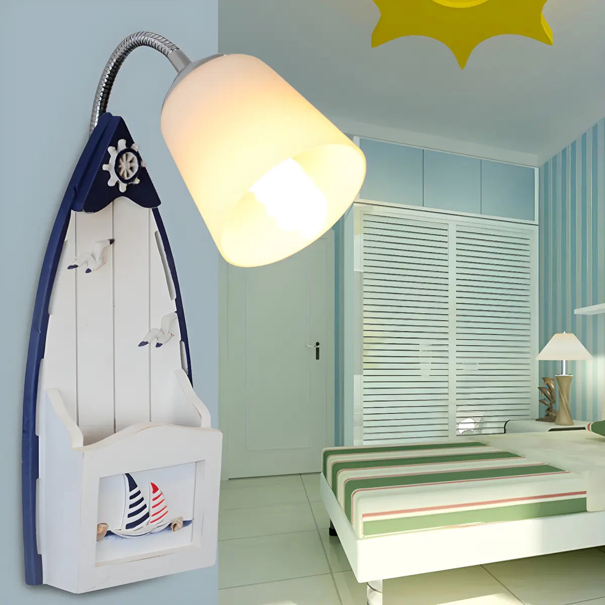Coastal Boat Cast Iron Bedroom Blue Mini Wall Sconce Image - 4