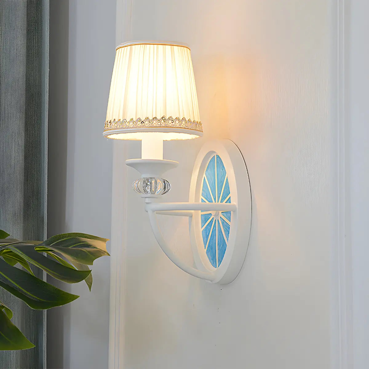 Coastal Round Base Fabric Kids Room Blue Wall Sconce Image - 3