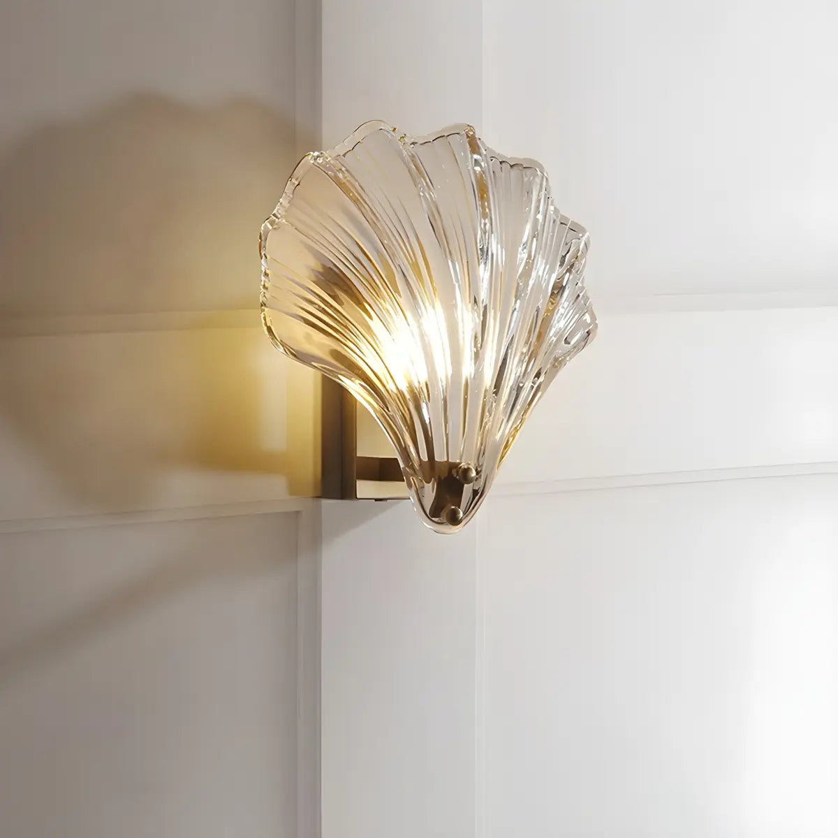 Coastal Shell Ribbed Glass Bedroom Gold Wall Sconce Image - 11
