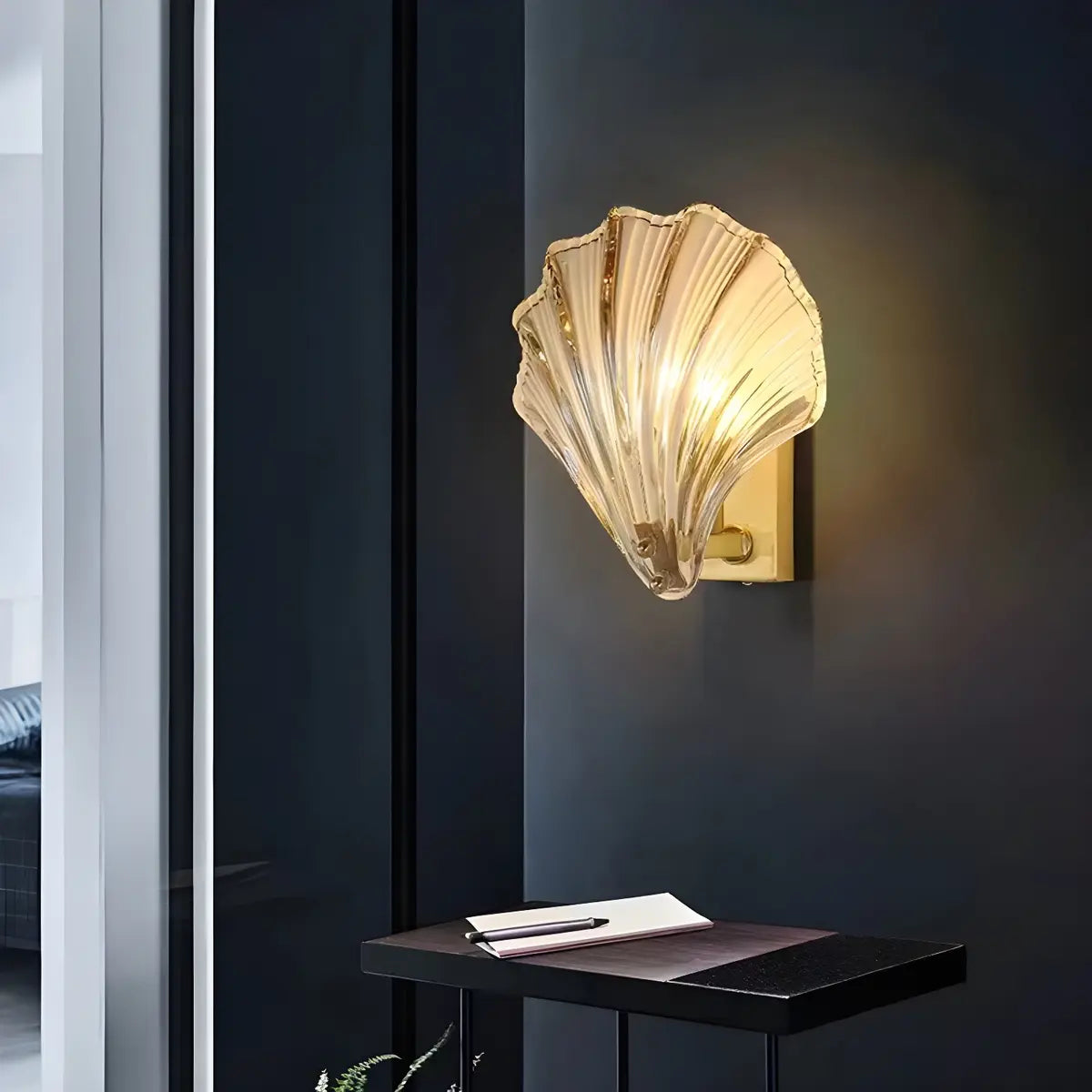 Coastal Shell Ribbed Glass Bedroom Gold Wall Sconce Image - 15