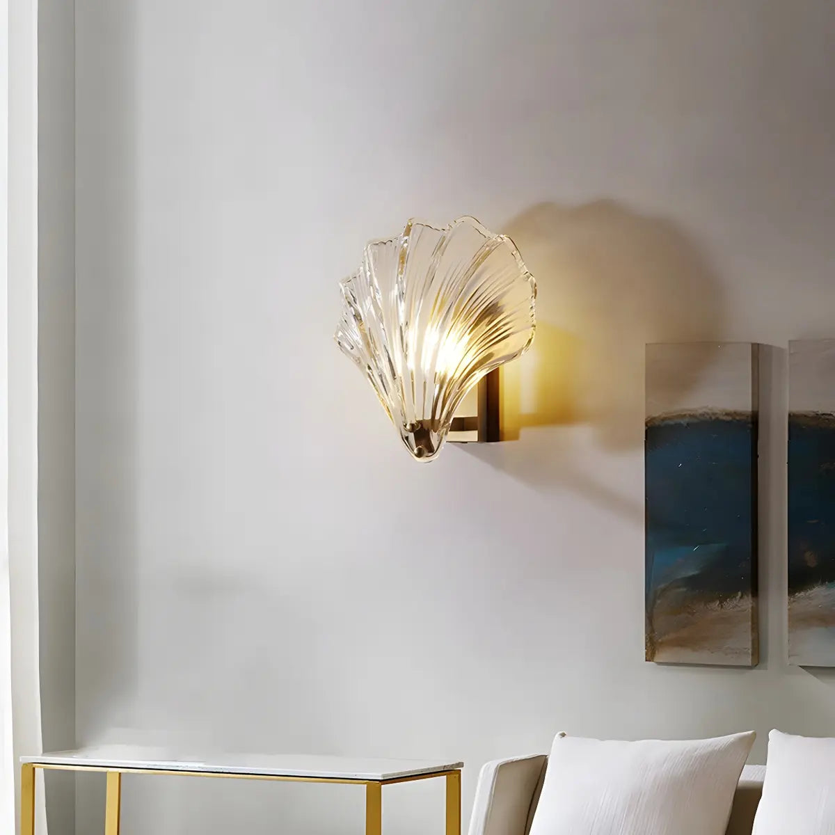 Coastal Shell Ribbed Glass Bedroom Gold Wall Sconce Image - 4