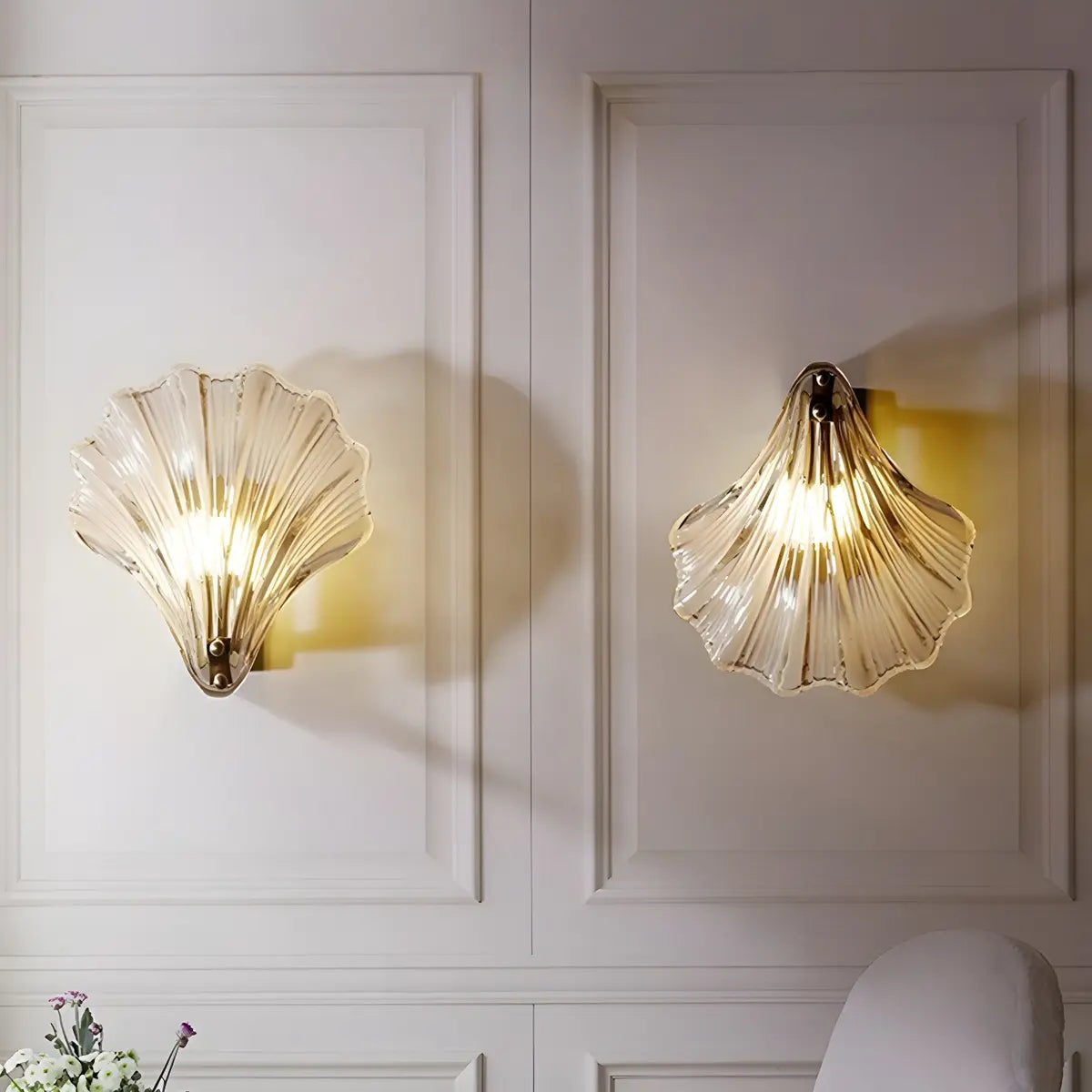 Coastal Shell Ribbed Glass Bedroom Gold Wall Sconce Image - 5