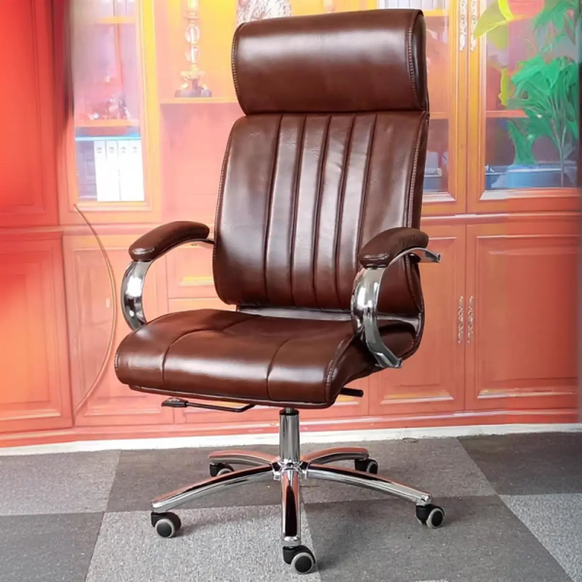 Cocoa Calfskin Ergonomic Office Chair with Headrest Image - 5