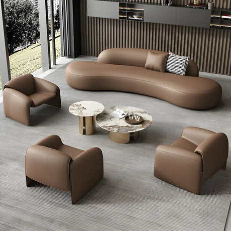Coffee Curved Leather Sofa Seating Group with Arms Image - 1