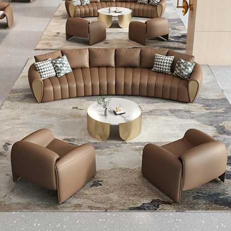Coffee Curved Leather Sofa Seating Group with Pillow Image - 1