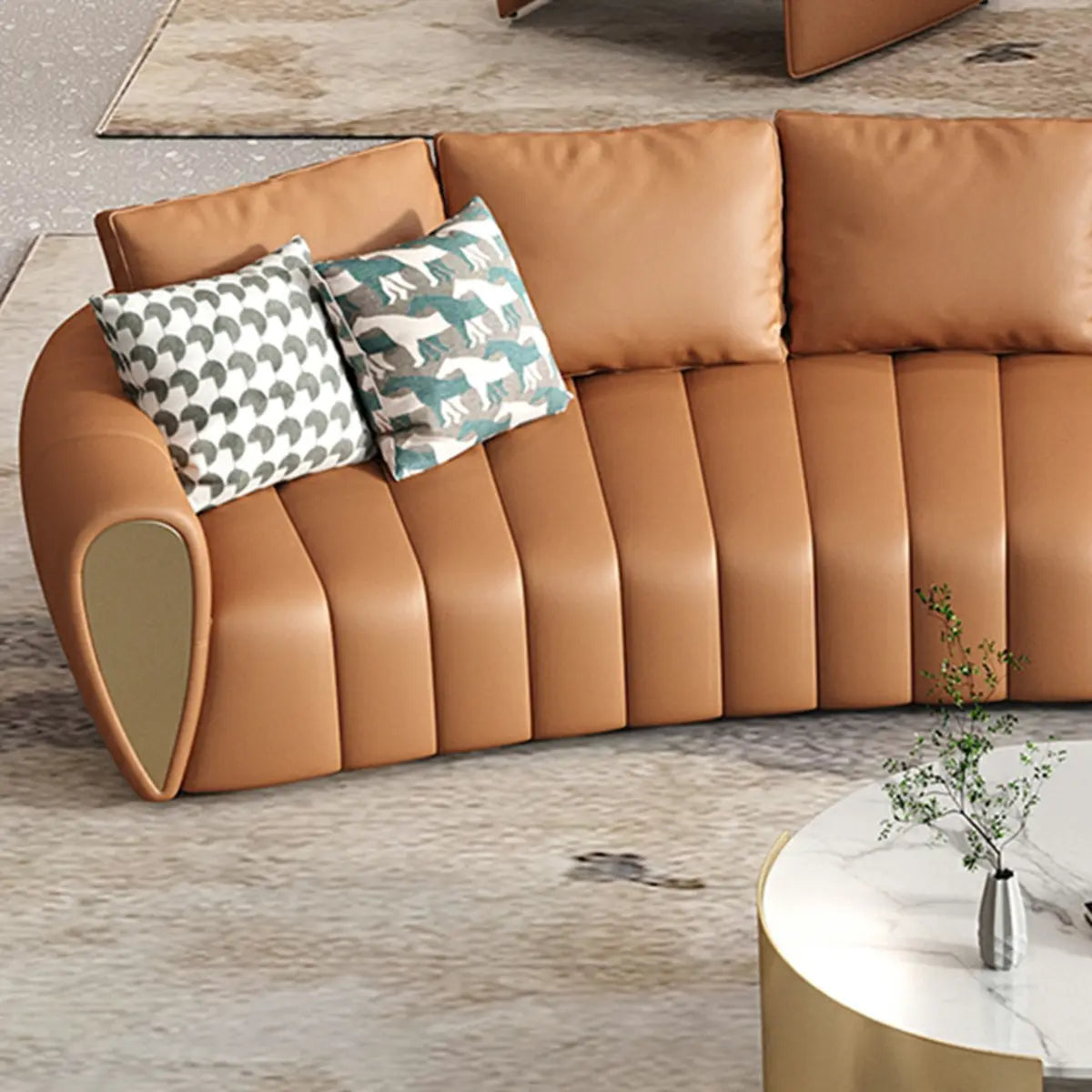Coffee Curved Leather Sofa Seating Group with Pillow Image - 14