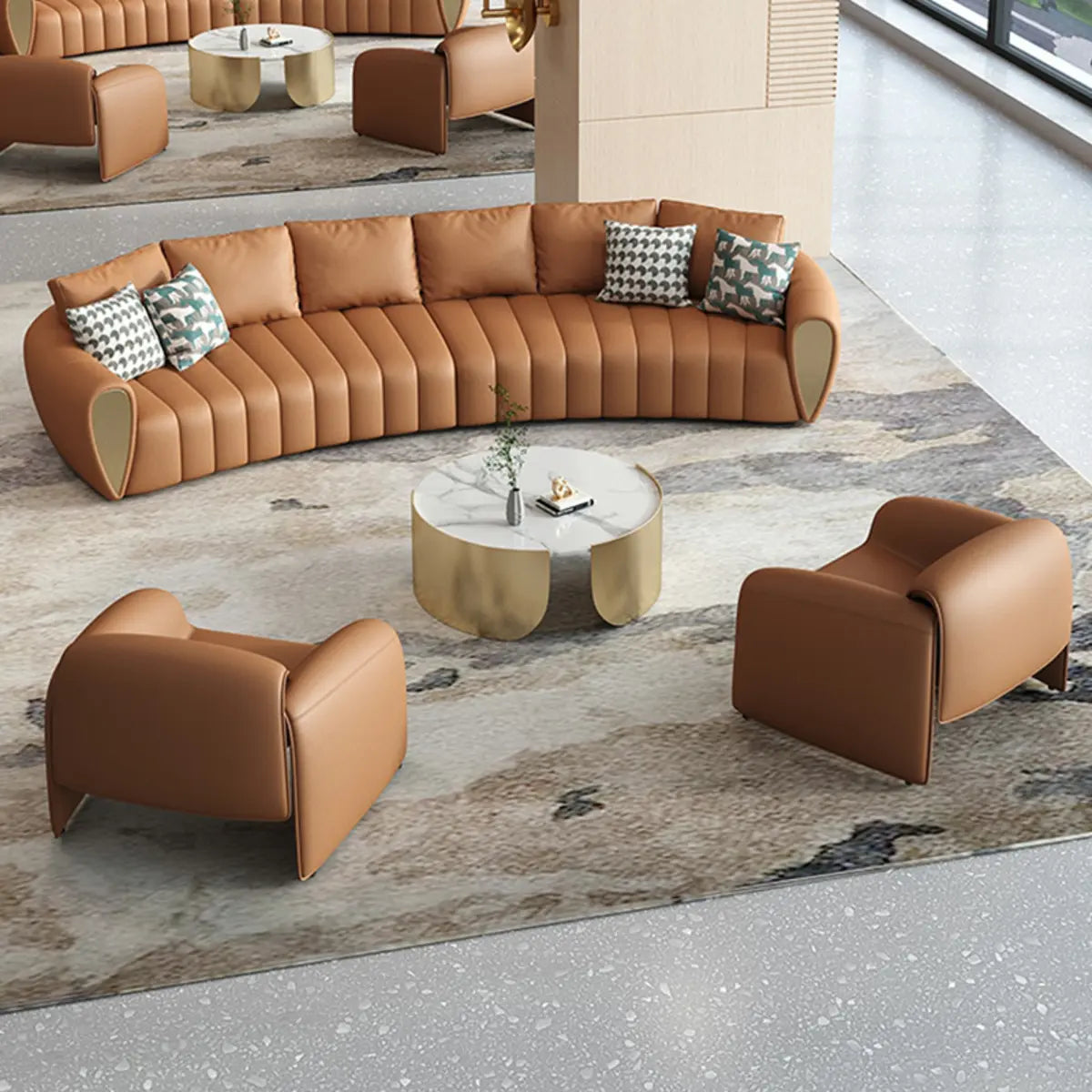 Coffee Curved Leather Sofa Seating Group with Pillow Image - 16