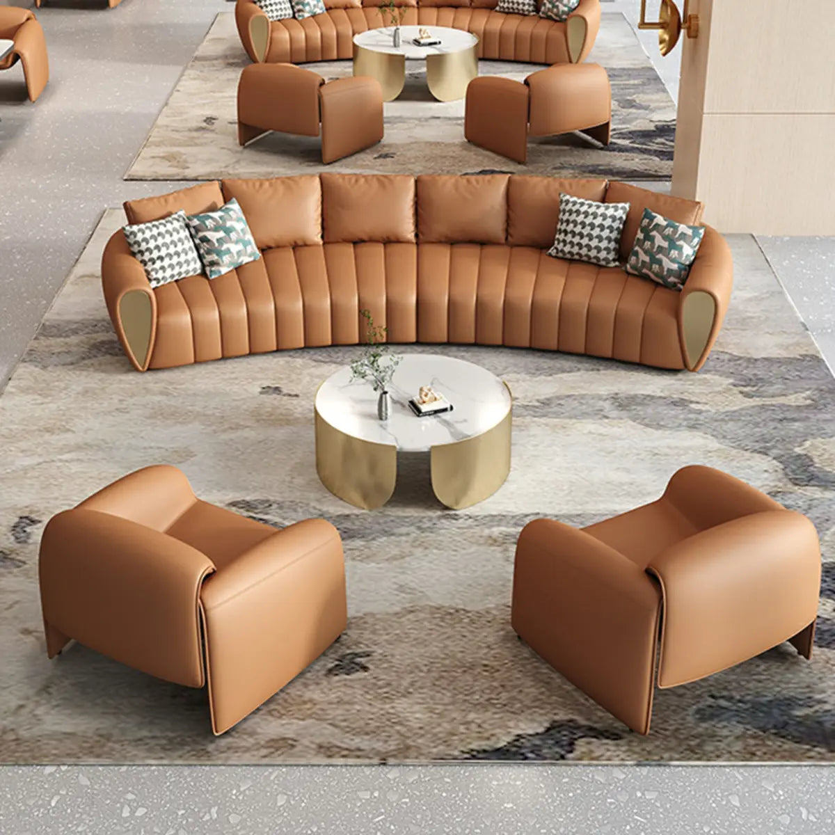 Coffee Curved Leather Sofa Seating Group with Pillow Image - 4