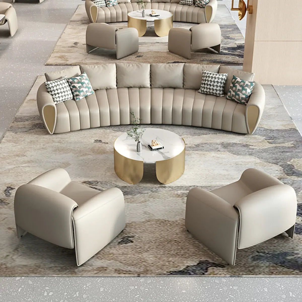 Coffee Curved Leather Sofa Seating Group with Pillow Image - 5