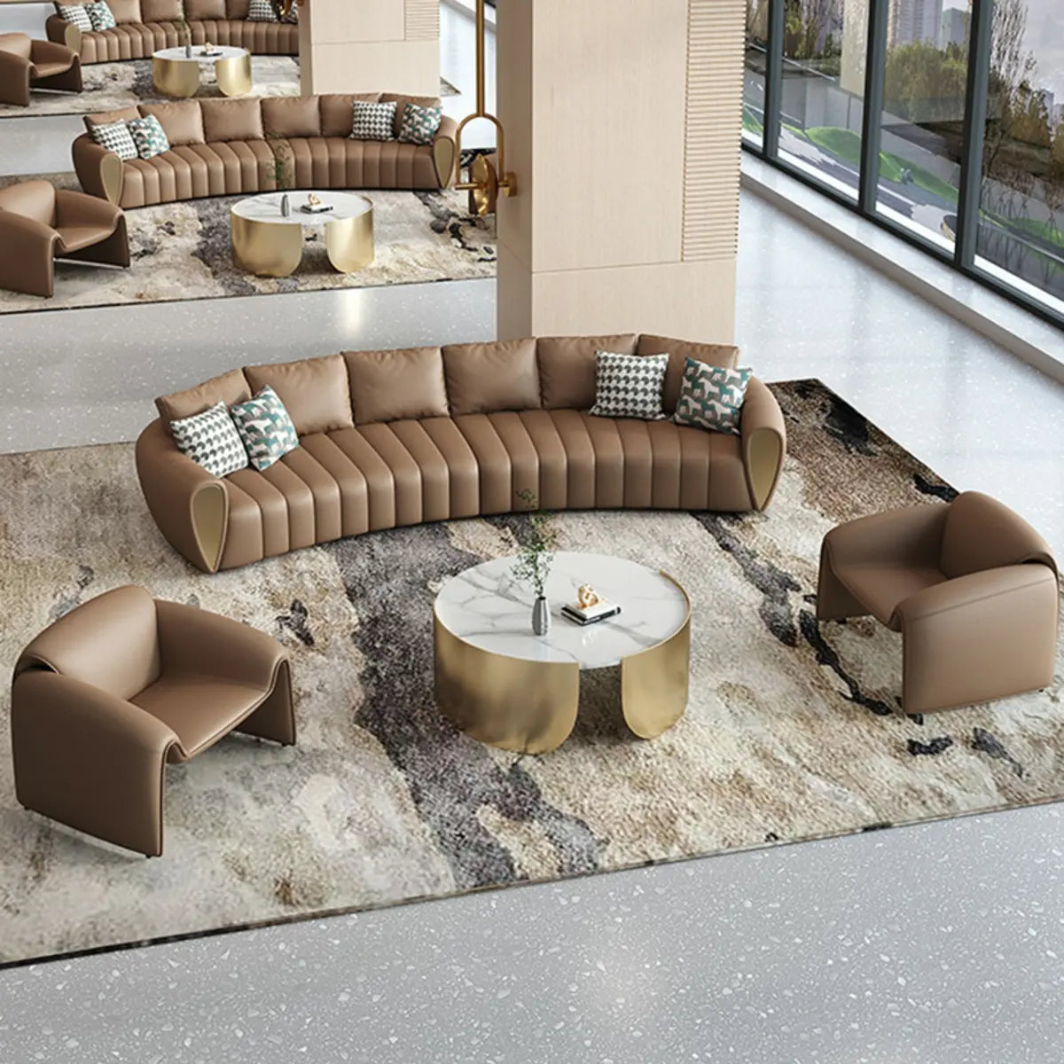Coffee Curved Leather Sofa Seating Group with Pillow Image - 8