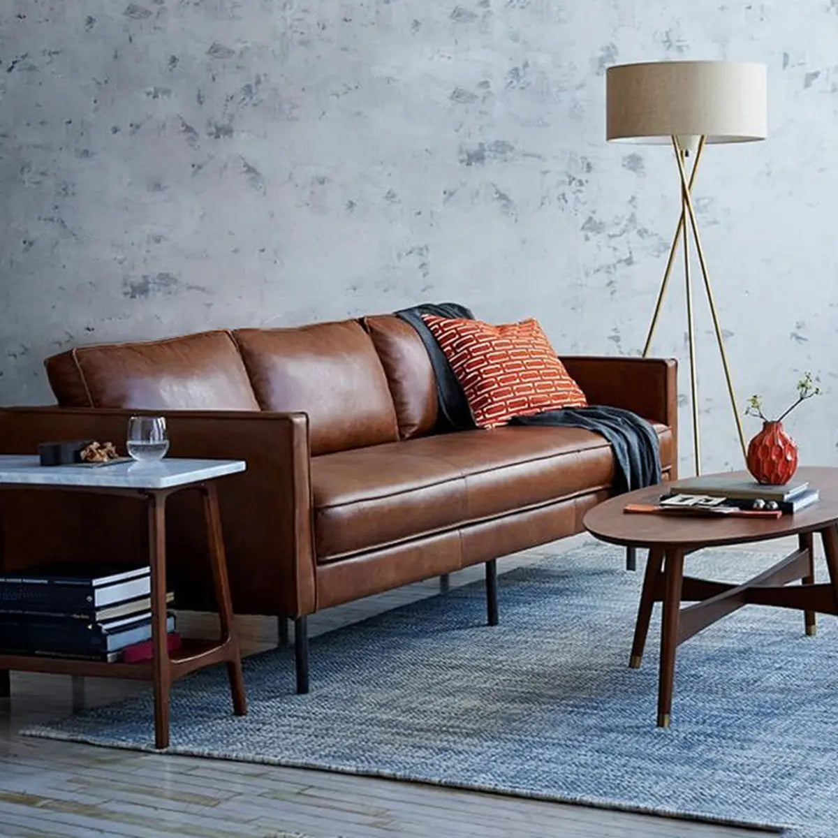 Coffee Leather Wood Frame 3-Seats Sofa with Legs Image - 1