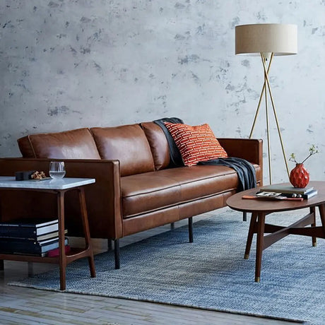 Coffee Leather Wood Frame 3-Seats Sofa with Legs Image - 1