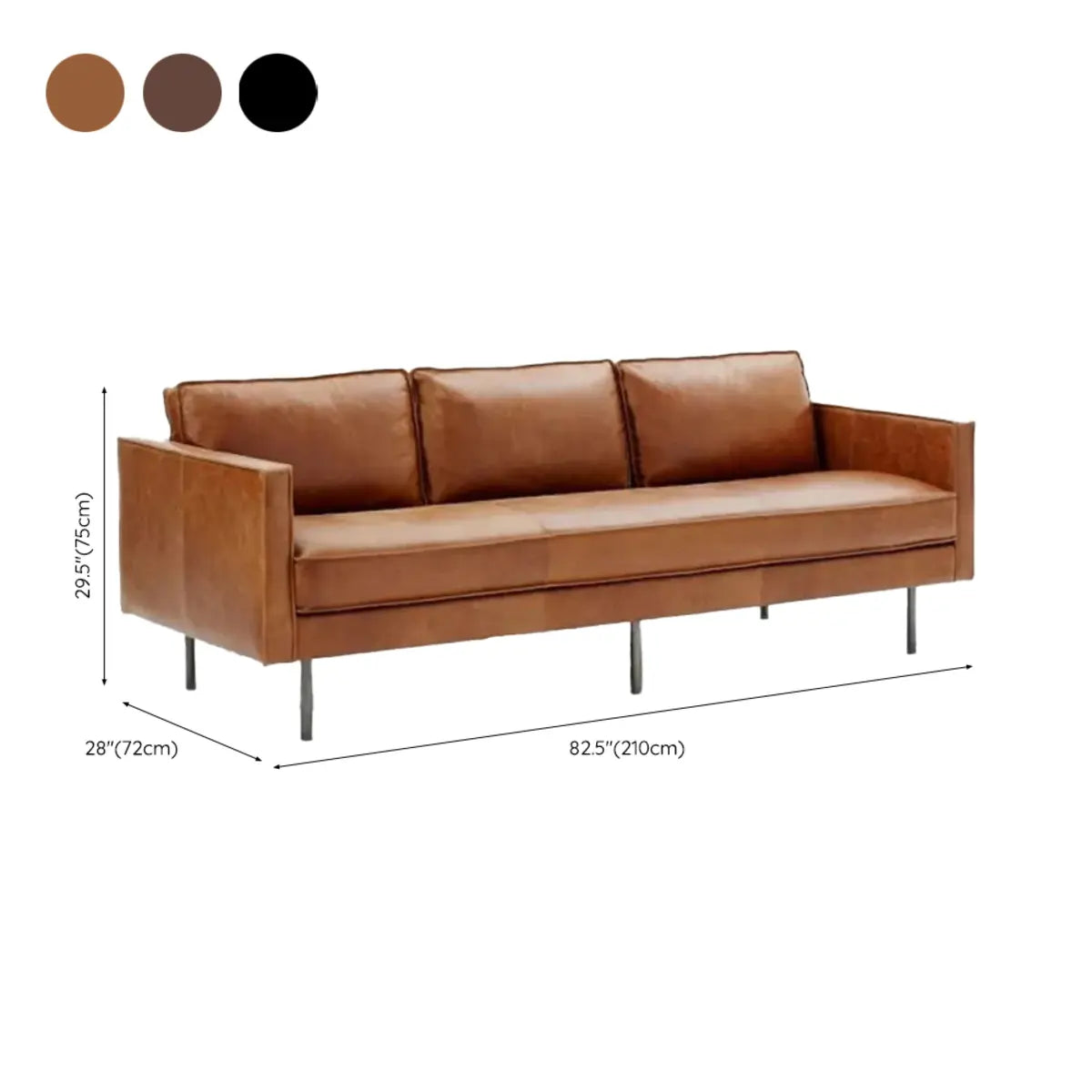 Coffee Leather Wood Frame 3-Seats Sofa with Legs 