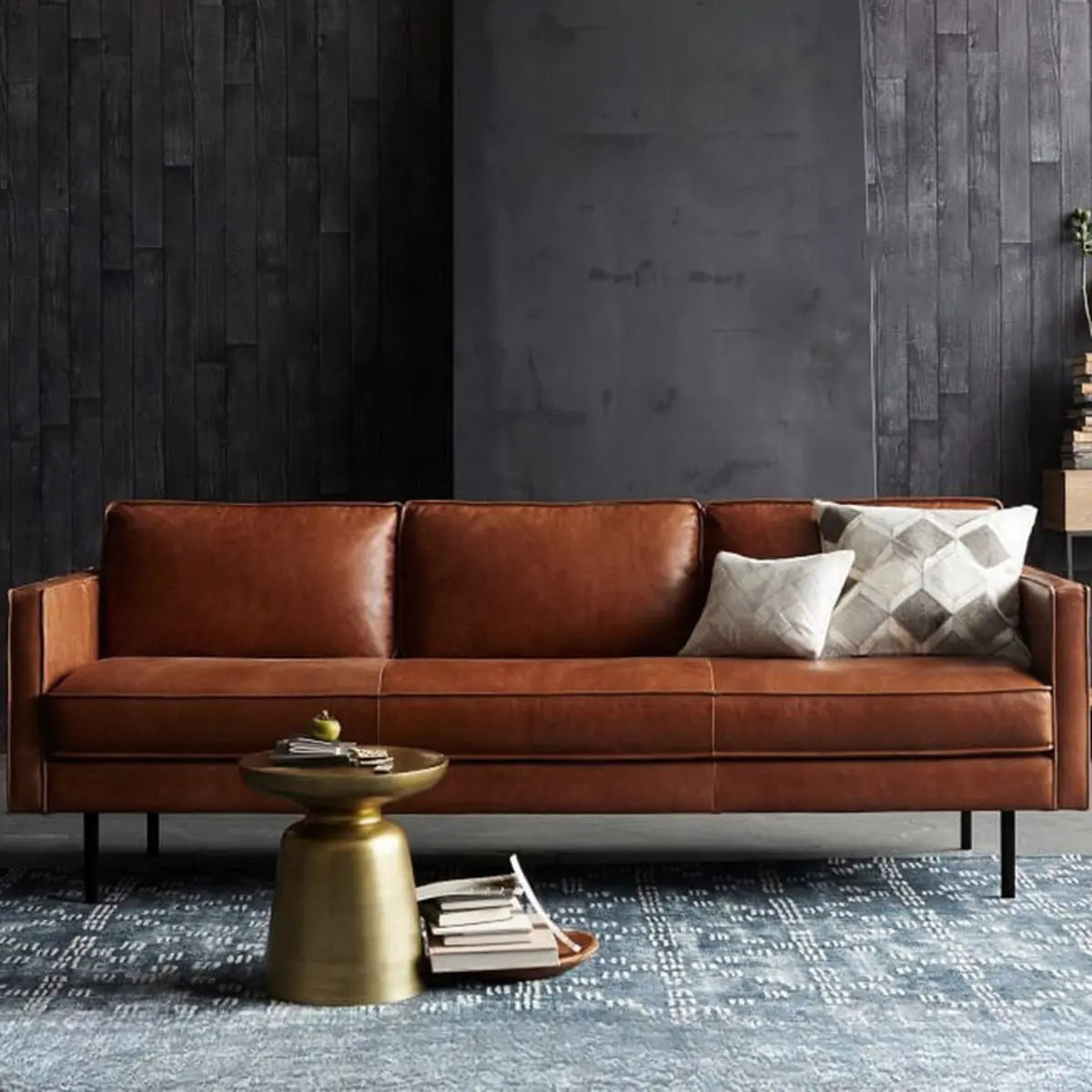 Coffee Leather Wood Frame 3-Seats Sofa with Legs Image - 4