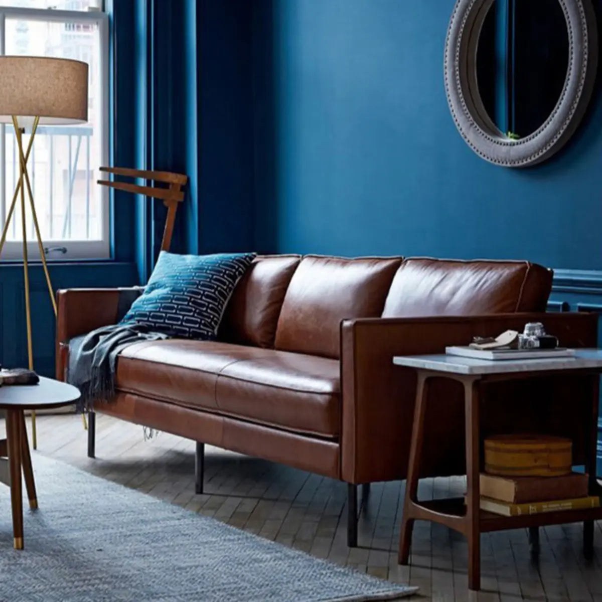 Coffee Leather Wood Frame 3-Seats Sofa with Legs Image - 6