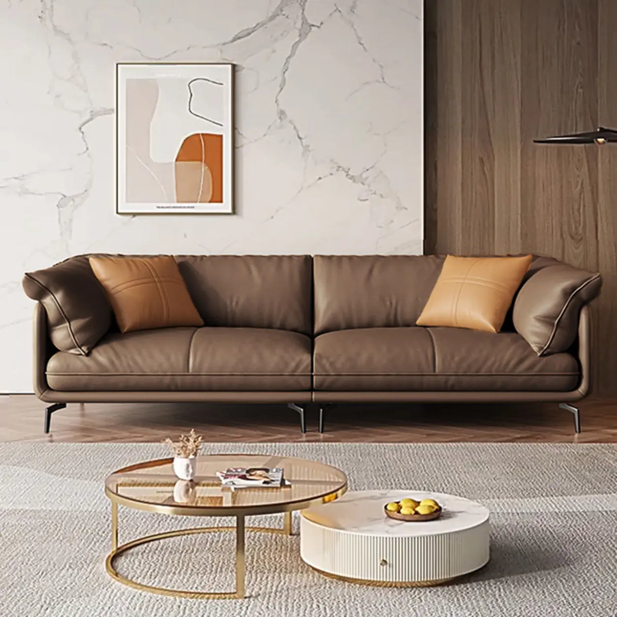 Coffee Scratch Resistant Top Layer Leather Latex Sofa Image - 4