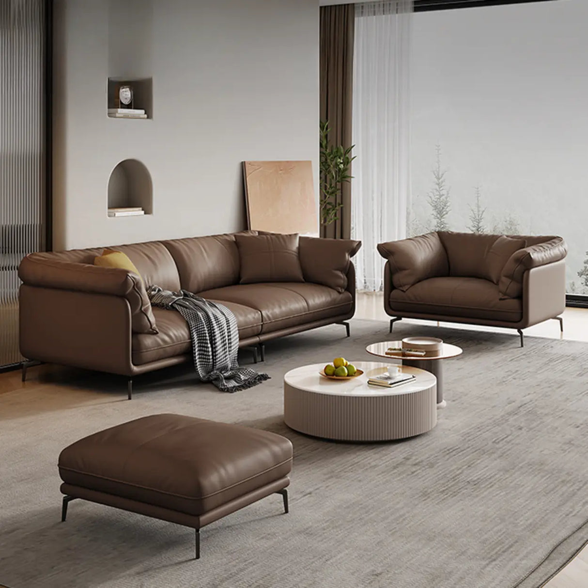 Coffee Scratch Resistant Top Layer Leather Latex Sofa Image - 6