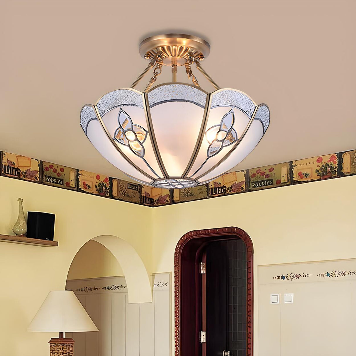 Colonial Brass Scalloped Glass Semi-Flush Mount Light Image - 1