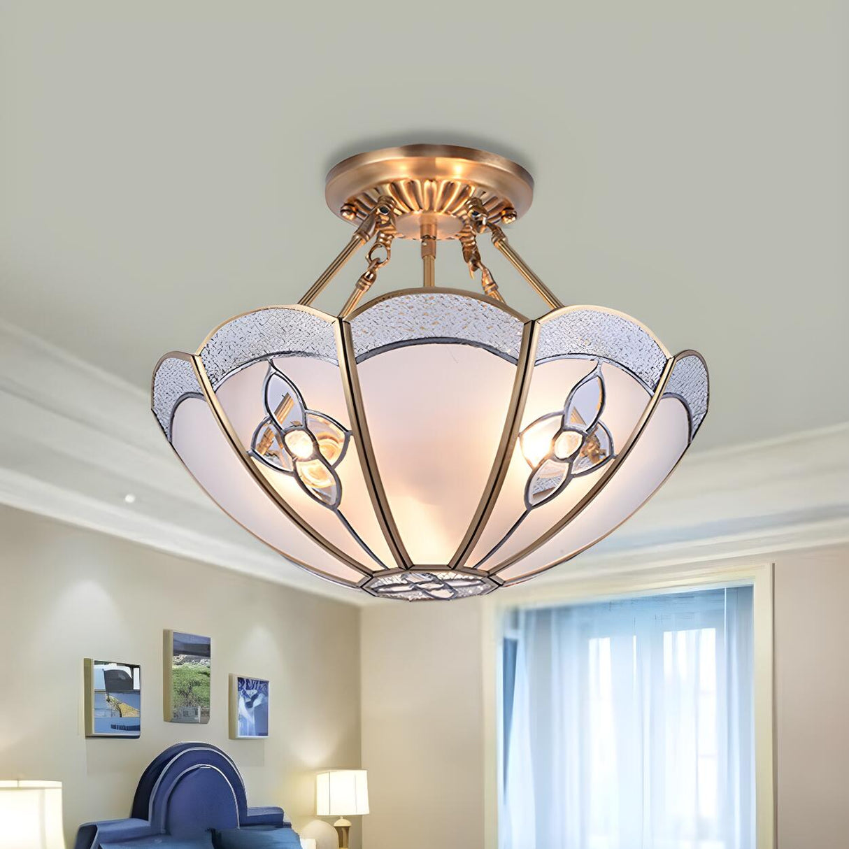 Colonial Brass Scalloped Glass Semi-Flush Mount Light Image - 2
