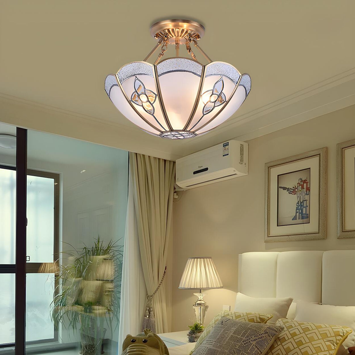 Colonial Brass Scalloped Glass Semi-Flush Mount Light Image - 3