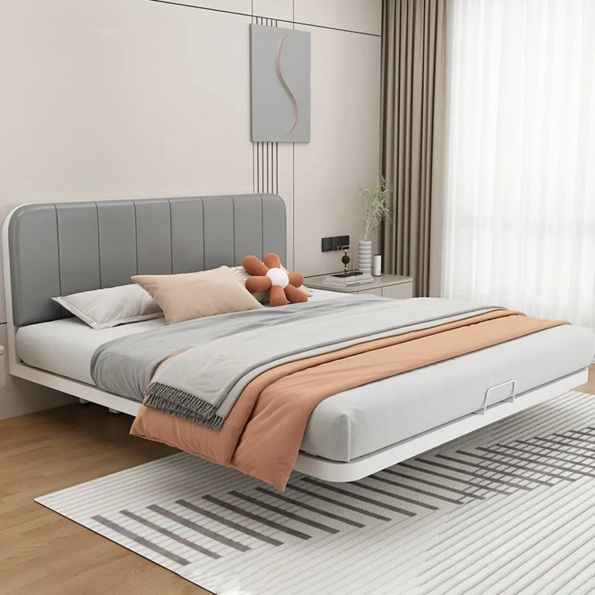 Comfort Headboard Gray Queen Upholstered Panel Bed Image - 6