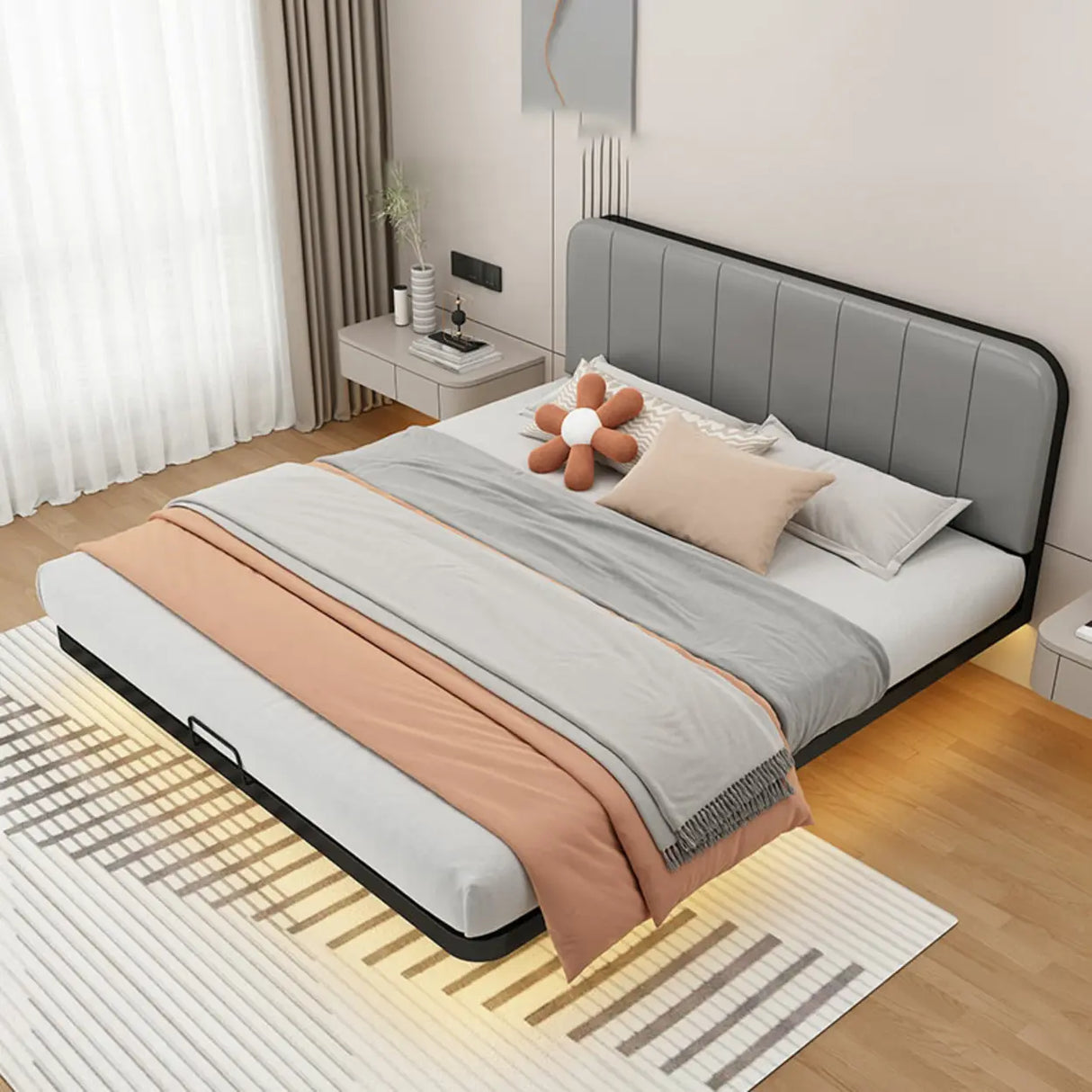 Comfort Headboard Gray Queen Upholstered Panel Bed Image - 8