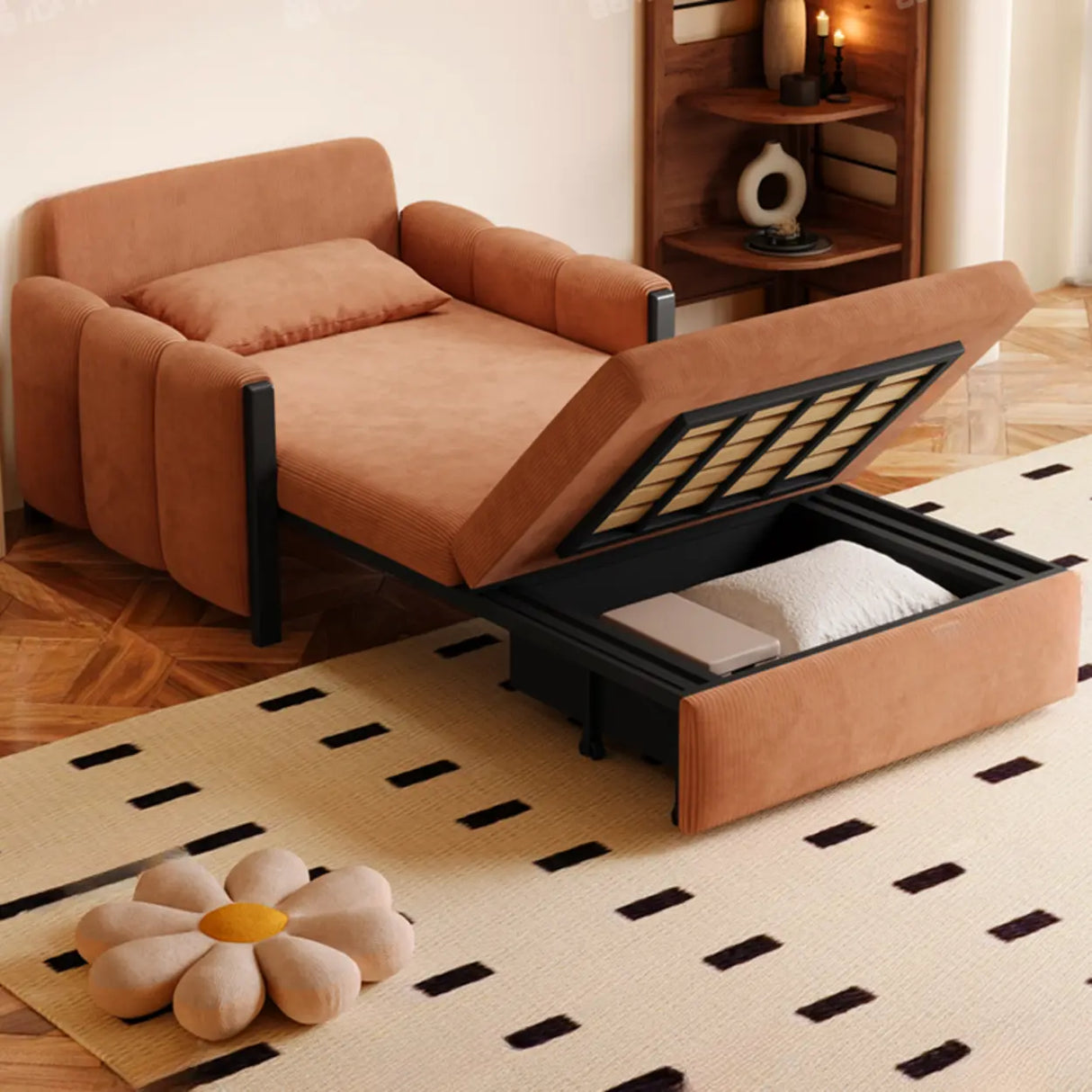 Comfortable Orange Storage Corduroy Sleeper Futon Sofa Image - 6