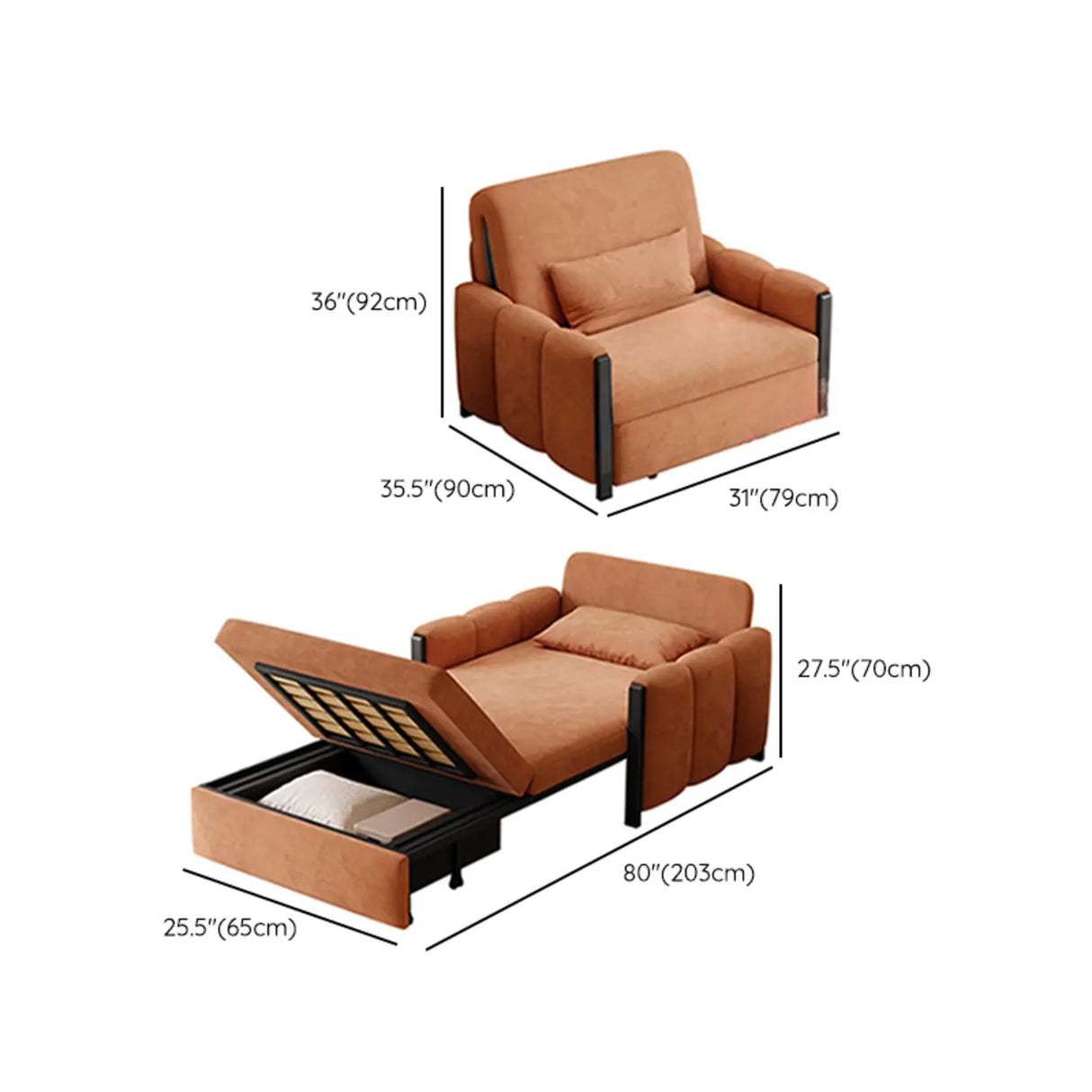 Comfortable Orange Storage Corduroy Sleeper Futon Sofa 