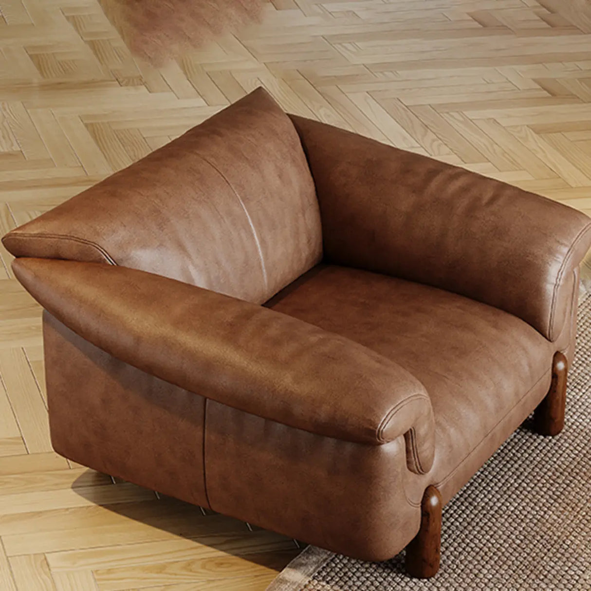 Compact Brown Flared Arm Leather Single Sofa with Legs Image - 1