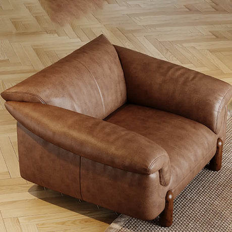 Compact Brown Flared Arm Leather Single Sofa with Legs Image - 1