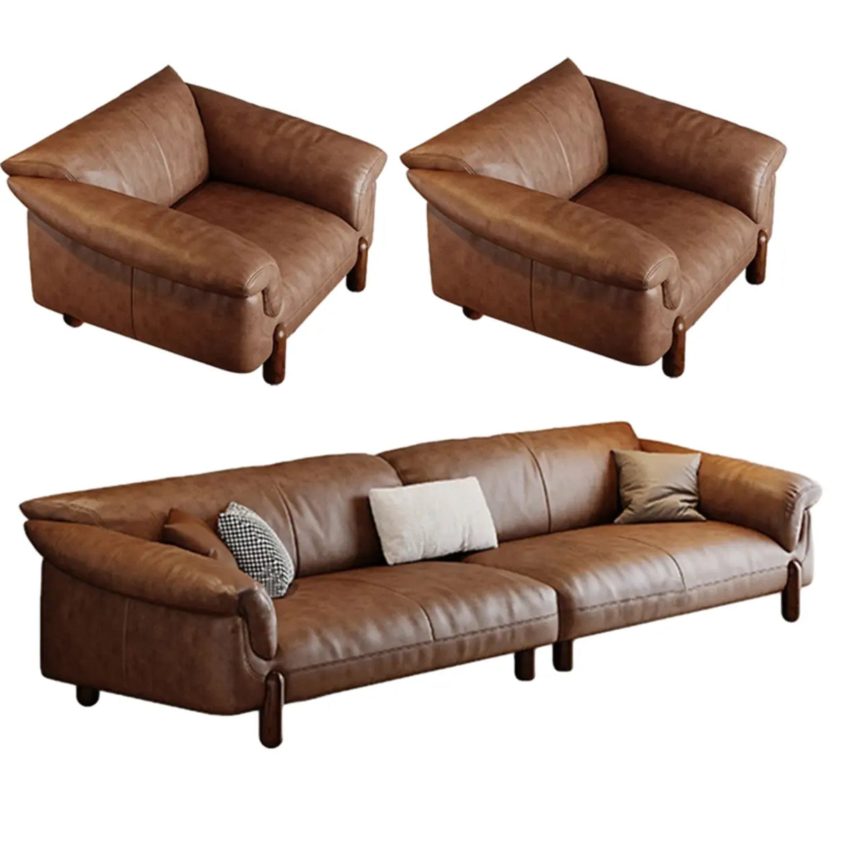 Compact Brown Flared Arm Leather Single Sofa with Legs Image - 11