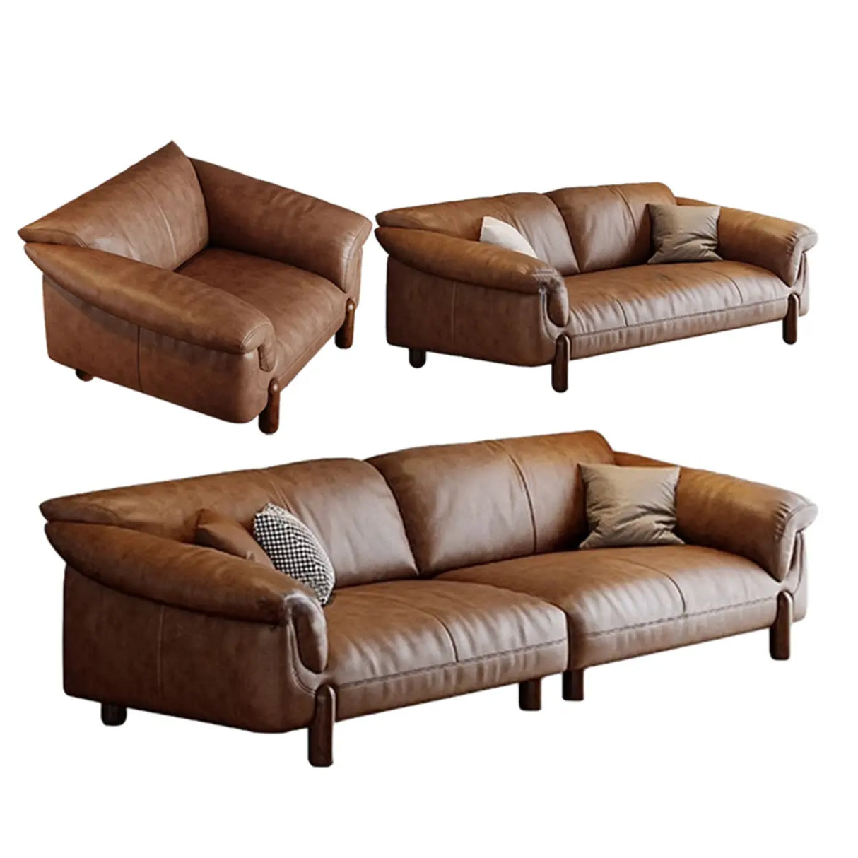 Compact Brown Flared Arm Leather Single Sofa with Legs Image - 14