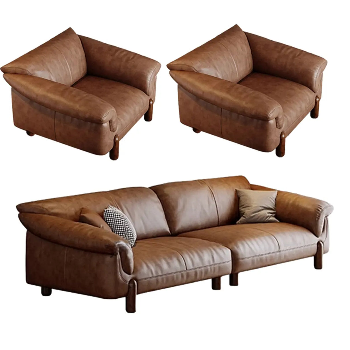 Compact Brown Flared Arm Leather Single Sofa with Legs Image - 16